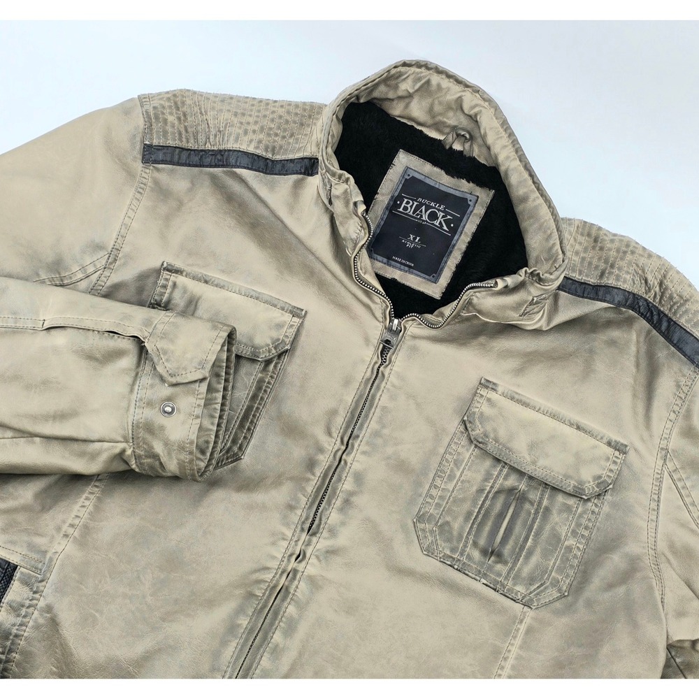 Buckle Black Distressed Biker Faux Leather Jacket Mens Size XL Tan Lined Utility